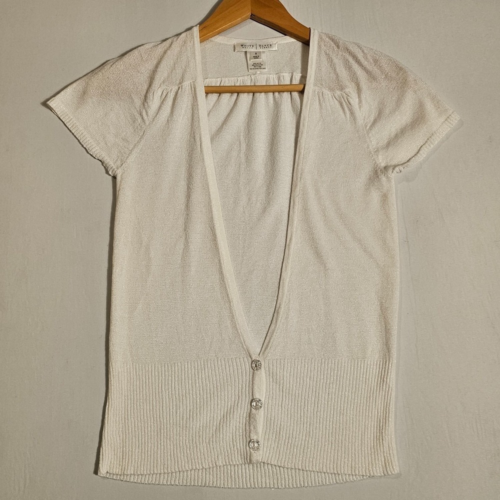 White House Black Market Cardigan Womens S White Ribbed Cap Sleeve Coquette Chic